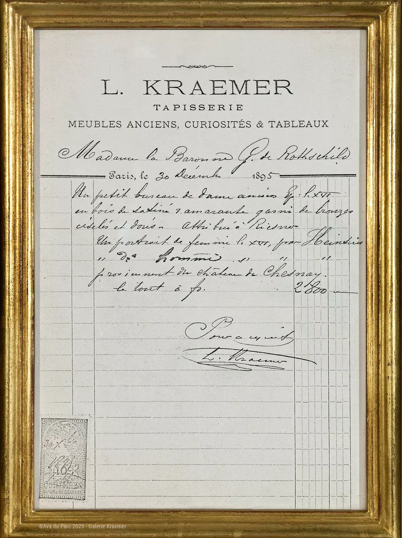 premiere-facture1 Facture établie au nom de la Baronne Gustave de Rothschild en 1895.