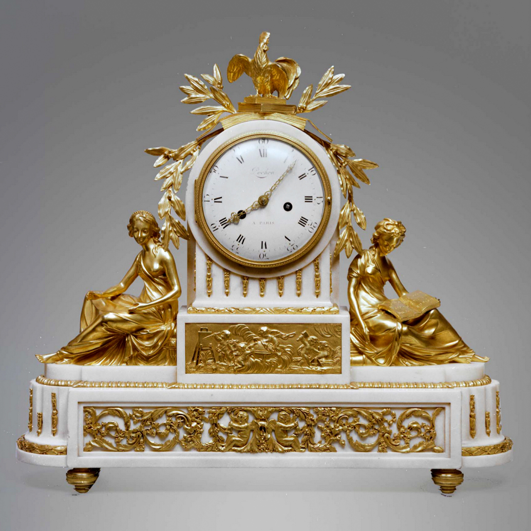Pendule en bronze ciselé et doré, marbre blanc
Cadran signé « Pochon à Paris »