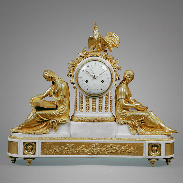 Pendule en bronze ciselé et doré, et marbre blanc. Epoque Louis XVI Provenance : •⁠ ⁠Rochefort family. •⁠ ⁠Ducs de Rochefoucauld.