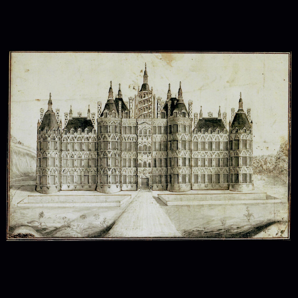 Dessin figurant un projet d'élévation du château de Chambord, réalisé pour François Ier par un architecte de Blois. Cette œuvre se trouve dans les collections de Chambord. Don d’Olivier et Laurent Kraemer.