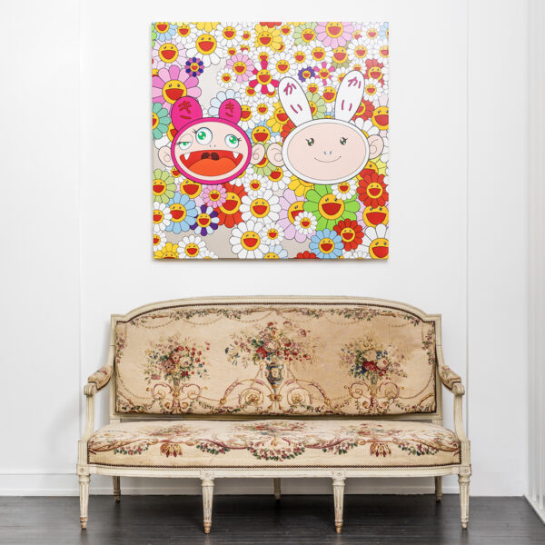 Takashi Murakami et  canapé garni d’une tapisserie polychrome d’Aubusson d’époque Louis XVI, estampillé de Jean-Baptiste Lelarge